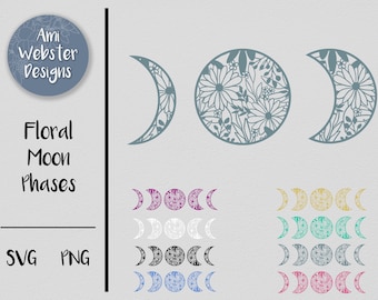 Moon SVG Floral Moon SVG Crescent Moon SVG Moon Png Moon Phase Svg, Moon phases clip art, celestial svg, Boho svg