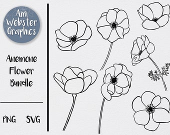 Blume Umriss SVG Anemone Illustrationen Bundle PNG transparente Datei - 7 Instant Download Dateien - handgezeichnete Linie Kunst doodle