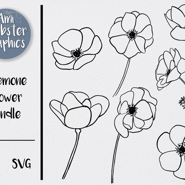 Flower outline SVG Anemone illustrations Bundle PNG transparent file - 7 Instant Download files- hand drawn line art doodle