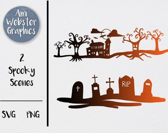 Straszna scena SVG, Scena Halloween SVG, Nawiedzony dom SVG, Pliki do cięcia nagrobków, Rysowane ręcznie pliki png,