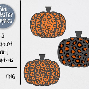 Può includere: Tre zucche con stampa leopardata arancione e grigia. Le zucche hanno steli neri e diversi motivi. L'immagine include anche il testo "3 Leopard Print Pumpkins" e "SVG PNG".