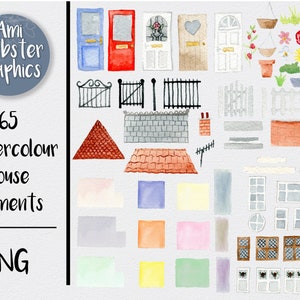 Watercolour House Elements - 65 House Elements - PNG transparent file - Instant Download - windows, door, roof, plants.
