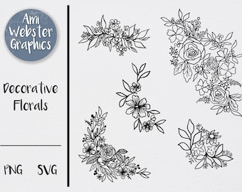 May include: Five black and white floral illustrations. Each illustration features a different arrangement of flowers and leaves. The illustrations are perfect for adding a touch of elegance to any project.