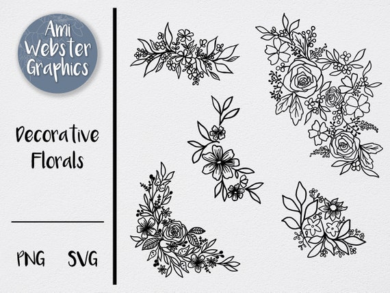 Floral Corner SVG Flower outline illustrations Bundle PNG transparent file - Instant Download - Cricut files - Clipart