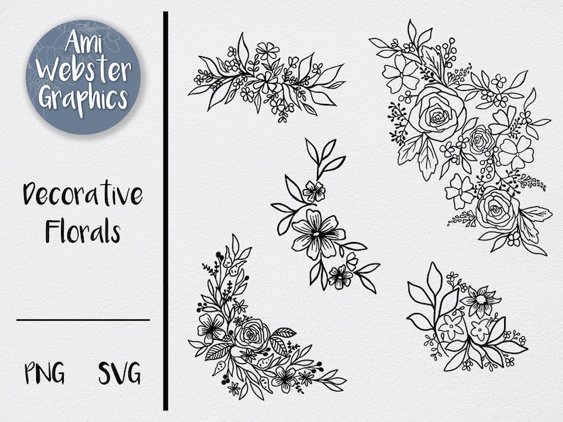 K&ouml;nnte beinhalten: F&uuml;nf Schwarzwei&szlig;-Blumenillustrationen. Jede Illustration zeigt eine andere Anordnung von Blumen und Bl&auml;ttern. Die Illustrationen sind perfekt, um jedem Projekt einen Hauch von Eleganz zu verleihen.
