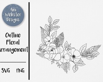 May include: Outline drawing of a floral arrangement with multiple flowers and leaves. The flowers are in a corner arrangement. The image is in black and white.