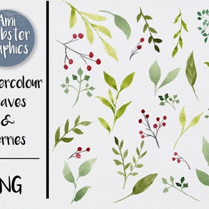 Watercolour leaves PNG transparent file 24 Separate Elements  - Instant Download - Different varieties of green leaf
