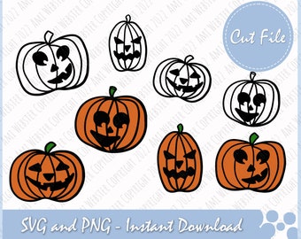 Jack o Lantern SVG - Bundle SVG citrouille - Dessinés à la main - Halloween mignon - Visage de citrouille svg, fichiers png citrouille