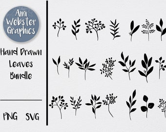 Feuille SVG, contour de feuille, illustrations Bundle, feuilles fichiers PNG, feuilles dessinées à la main, dessin au trait doodle, tatouage de feuilles, branches, feuillage svg