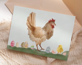 2,00 EUR  - Postkarte "Osterhuhn" DIN A6, Grußkarte in Aquarell-Optik / Huhn / Ostereier / Küken / Wiese / Natur / Frühling - Ohne Umschlag