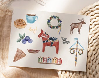 EUR 2.00 - Postcard "Sweden" A6, greeting card watercolor look / Dala horse / Scandinavia / cinnamon bun / Midsommar / Hygge / Without envelope