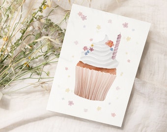 2,00 EUR  - Postkarte "Zum Geburtstag" DIN A6, Grußkarte in Aquarell-Optik / Cupcake / Kuchen / Blumen / Glückwunsch / Kerze - Ohne Umschlag