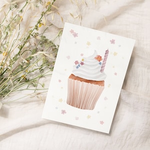 2,00 EUR  - Postkarte "Zum Geburtstag" DIN A6, Grußkarte in Aquarell-Optik / Cupcake / Kuchen / Blumen / Glückwunsch / Kerze - Ohne Umschlag