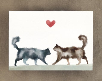 2,00 EUR  - Postkarte "Katzen-Liebe" A6, Grußkarte Aquarell-Optik / Liebe / Katzen / Herz / Valentinstag / Freundin / Partner -Ohne Umschlag