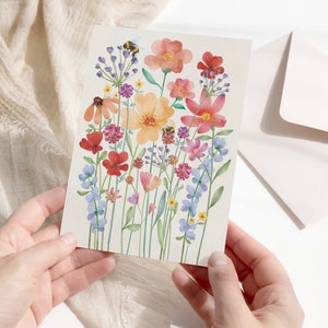 EUR 2.00 - Postcard "Summer Meadow" DIN A6, greeting card in watercolor look / flowers / bees / meadow / nature / summer / bumblebees - without envelope