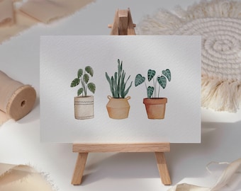 2,00 EUR  - Postkarte "Topfpflanzen" A6, Grußkarte in Aquarell-Optik / Pflanzen / Grün / Blumentopf / Deko / Garten / Monstera Ohne Umschlag