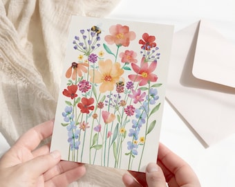 EUR 2.00 - Postcard "Summer Meadow" DIN A6, greeting card in watercolor look / flowers / bees / meadow / nature / summer / bumblebees - without envelope