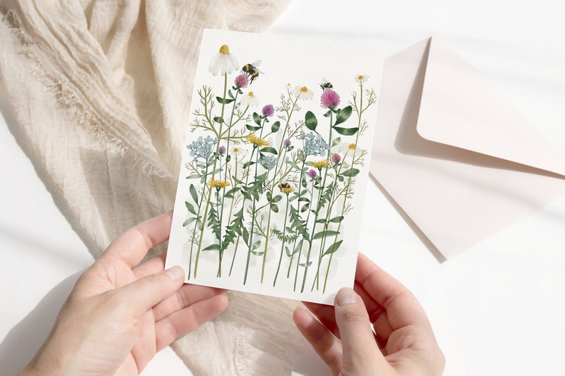 EUR 2.00 Postcard Wild Meadow DIN A6, greeting card in watercolor look / flowers / bees / meadow / nature / summer / bumblebees without envelope image 1