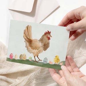 2,00 EUR  - Postkarte "Osterhuhn" DIN A6, Grußkarte in Aquarell-Optik / Huhn / Ostereier / Küken / Wiese / Natur / Frühling - Ohne Umschlag