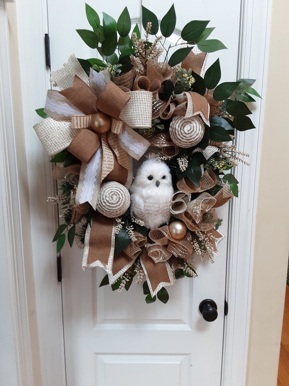 Snow owl on large 24 evergreen base with ornaments and high quality ribbon Owl evergreen wreath Snow owl wreath.