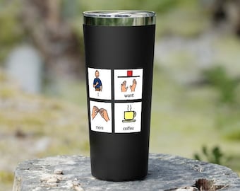 Taza de viaje SLP AAC / Quiero más taza de café / Vaso de terapeuta del habla / Taza de viaje de educación especial / Taza de maestro de Sped / Regalo divertido de SLP