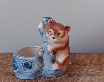 Bear on Tree Ceramic Planter, Toothpick or Ring Holder Made in Occupied Japan