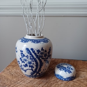 Japanese Blue & White Small Ginger Jar Vase, Japanese Cherry Blossom Ginger Jar Vase
