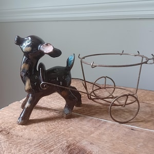 Vintage Redware Pottery Donkey Deer Pulling Wagon Cart