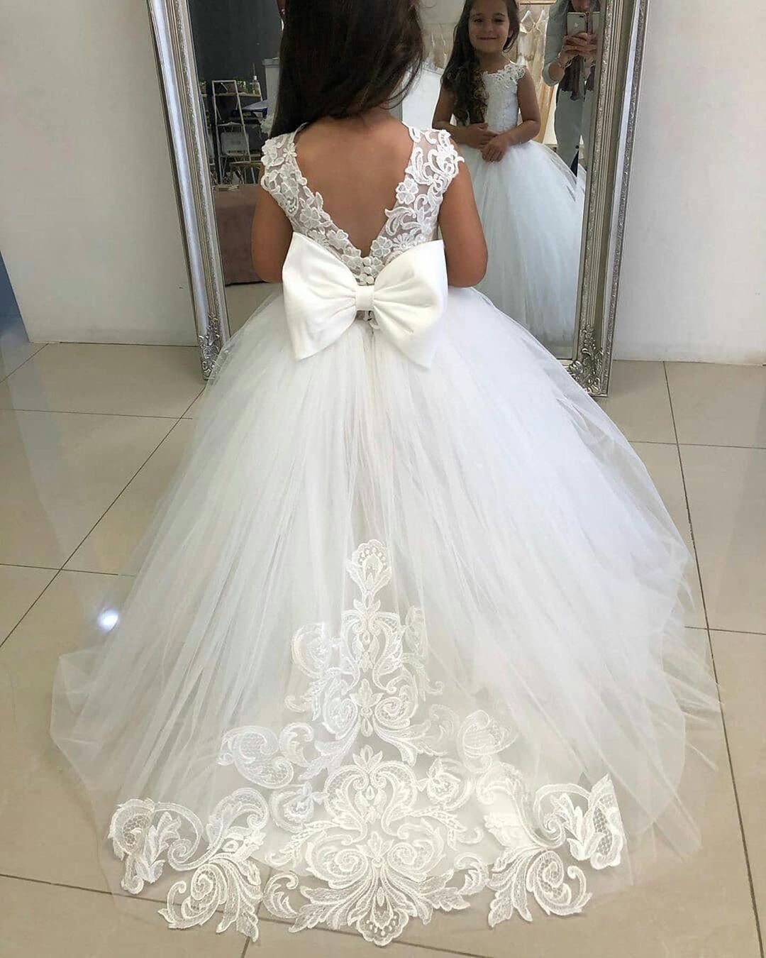 Champagne Bow With Pearls Flower Girl Dress Ball Gown Kids Formal Wedding  Dress | Flower girl dresses, Ball dresses, Formal dresses for weddings