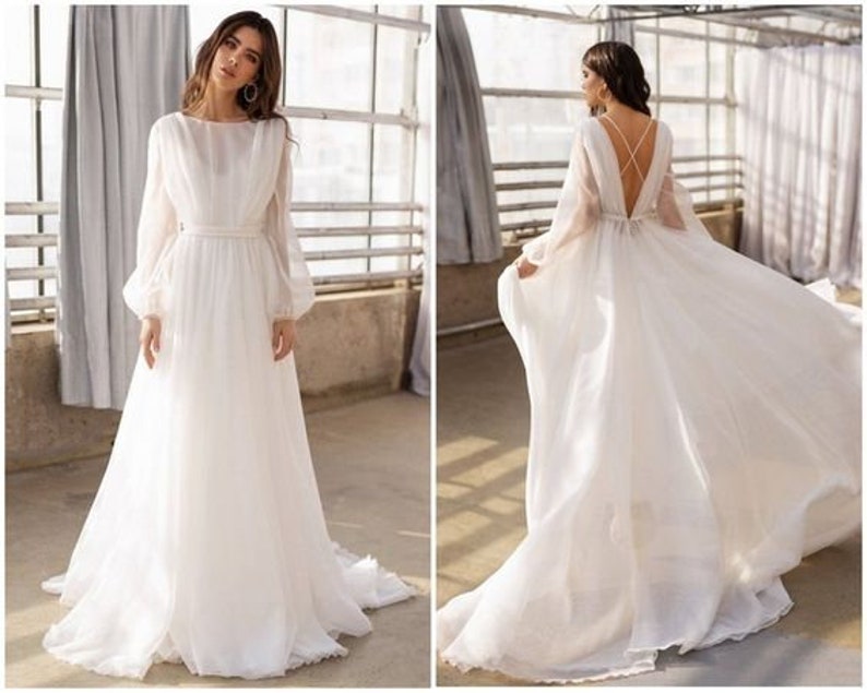 White Photoshoot Gown, Bohemian Flared gown, Cross Back Sweep Trail Gown, Ballon Sleeves Dress 