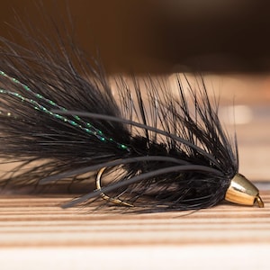 May include: Black fly fishing lure with green iridescent feathers and a gold bead head.