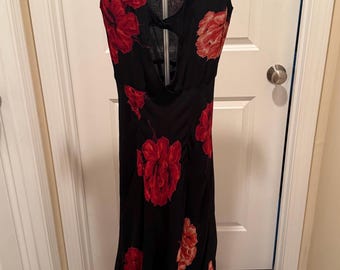 Nostalgia Vintage Y2K Black and Red Rose Midi Sz. Small Summer Dress