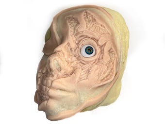 May include: A prosthetic mask depicting a partially exposed face. The mask features a realistic blue eye, exposed muscle tissue, and a pale skin tone. The overall design suggests a horror or special effects theme.