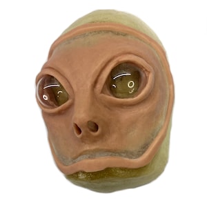 May include: A sculpted head featuring a smooth, light peach-colored face with a raised border framing the features. The head has two large, recessed eye sockets containing clear, glossy, spherical inserts and a small, defined nose structure.