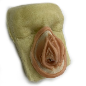 May include: A pale yellow, rectangular prosthetic with a peach-colored, anatomical design. The design features a small, silver-colored bead. The object is set against a white background.