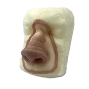 May include: A rectangular, off-white, textured foam block featuring a sculpted, realistic human nose in a light brown tone. The nose is centred on the block and outlined by a thin, raised brown border that follows the shape of the nose.