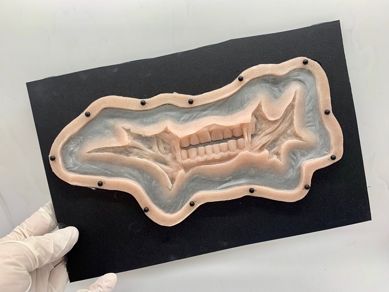 May include: A silicone prosthetic appliance featuring a realistic flesh-toned skin texture with an embedded set of human-like teeth and gums. The piece is secured to a black rectangular backing board with small black pins along the perimeter.