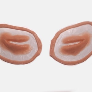 Puede incluir: Dos piezas de orejas protésicas de látex. Cada pieza presenta una forma de oído interno color carne, rodeada por un fino borde marrón claro. El detalle del oído interno es de un tono más claro.