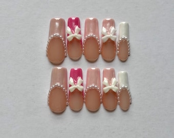 Coquette Bow Press On Nails | Pink Pearl Nails | Balletcore Nails | Soft Girl Press Ons | Cute French Tip Nails | Handmade Kawaii Nails | Br