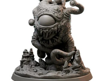 May include: A gray 3D printed miniature of a beholder, a creature with a large central eye and multiple smaller eyes on stalks. The beholder is standing on a rocky base.