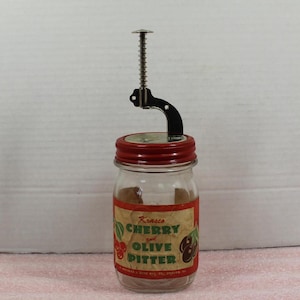 Vintage Krasco Cherry and Olive Pitter Glass Jar / MCM Farmhouse Kitchen Decor
