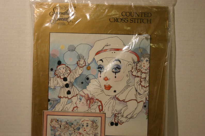 Vintage Something Special Counted Cross Stitch Kit 50381 Mime Collage 30 x 15 1988 Sad Clowns Circus Clowns
