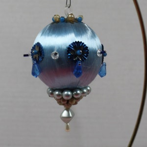 Vintage Christmas Handmade Blue Bead & Sequin, Push Pin Styrofoam Ball Ornament  / Christmas Tree or Wreath Decor