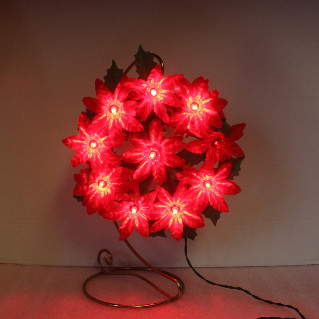 Poinsettia Tree Topper Vintage in Original Box / 10 Blinking Light Silk Poinsettia Tree Topper