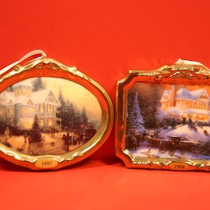 Thomas Kinkade Victorian Ceramic Christmas Ornament Lot of 2 / Hallmark Keepsake Collectible