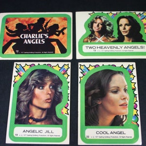 Vintage Charlie&#39;s Angels 1977 Topps Trading Card Sticker Lot of 4 / Jill, Kelly / Angels Original Silhouette / Collectible TV Memorabilia