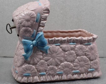Vintage Baby Bassinet Musical Planter Ceramic Enesco Made In Japan / Nursery Decor