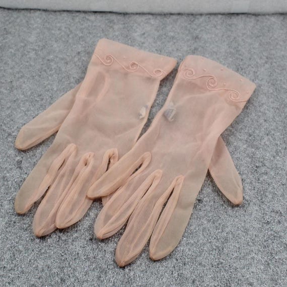 Ladies Dress Gloves Vintage 1950s Sheer Pink Nylon Made in Germany US Zone sz 7/ Formal Gloves