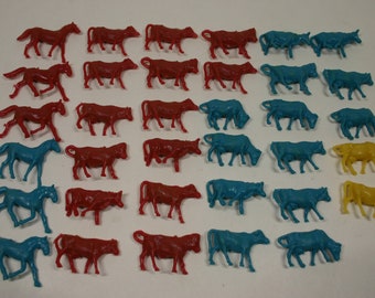 Vintage Miniature Plastic  Animal Figurine Lot of 35 / Mini Cow / Mini Horse  / Hong Kong / Gumball Machine Toy