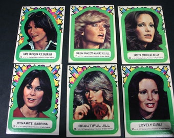 Vintage Charlie's Angels 1977 Topps Trading Card Sticker Lot of 6 / Farrah, Sabrina, Kelly / Collectible TV Memorabilia